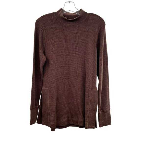 Mono B Women's Long Sleeve Mock Neck Ribbed Top Brown Size Large Vented Sides - Picture 1 of 8